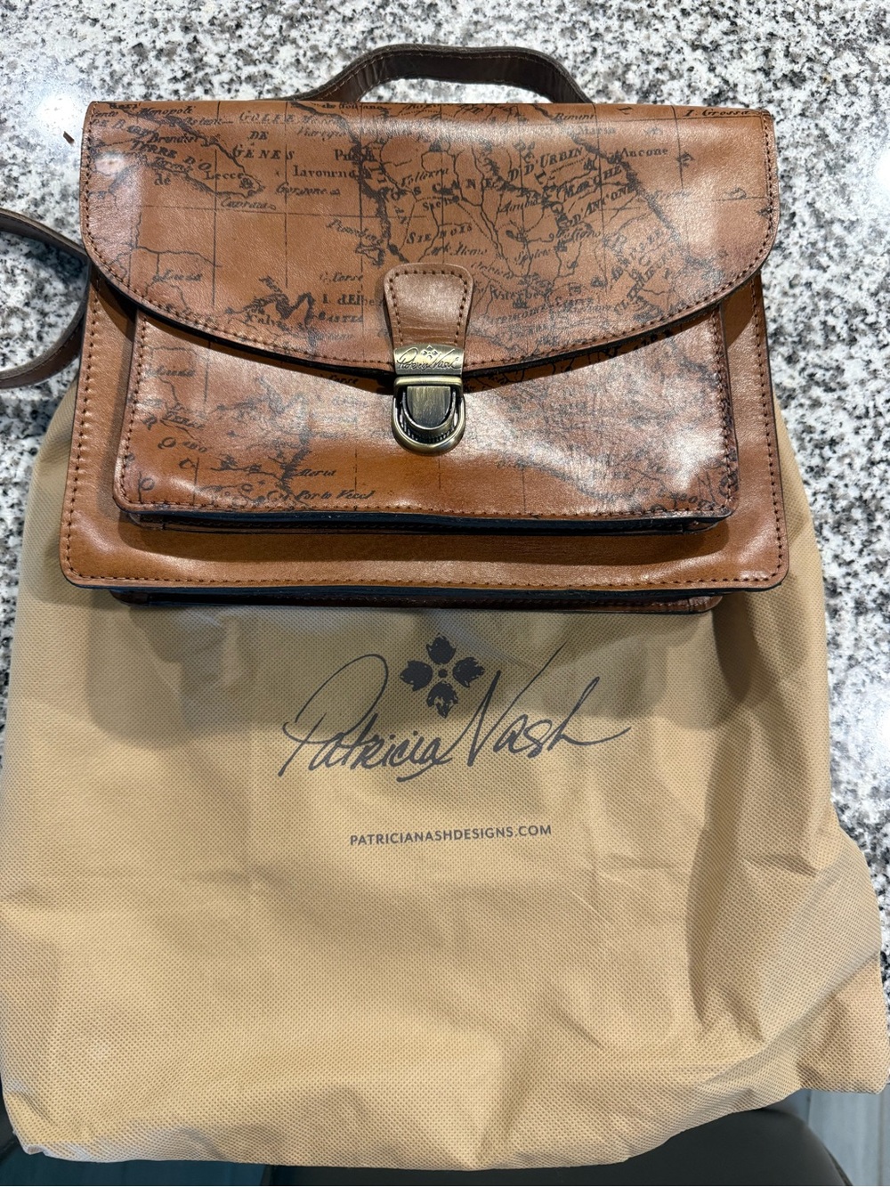 Patricia Nash Brown Leather Map-Print Men’s Satchel with Brass Clasp